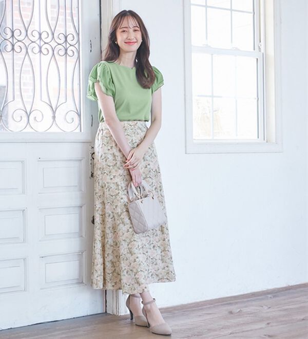 alotta（アロッタ）の「テレコリブ異素材フレアー袖トップス（カットソー）」｜ミント