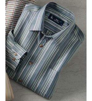 「＜カルビア＞着心地快適！楽ちんストレッチシャツ（メンズシャツ）」｜ネイビーストライプ