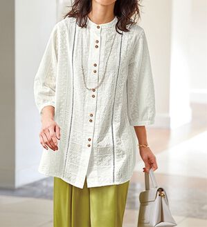 BELLUNA（ベルーナ）の「綿１００％ボーダー刺しゅう切替ブラウス（ブラウス）」｜オフ白