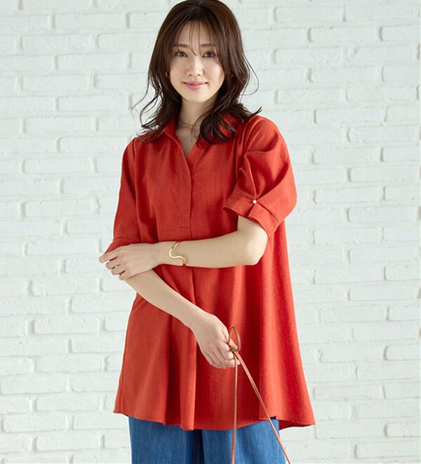 BELLUNA（ベルーナ）の「【接触冷感】麻調素材袖パール付シャツチュニック（チュニック）」｜詳細画像
