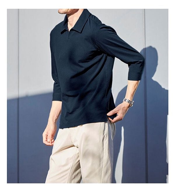 「＜ニコル　モリソン＞お洒落な７分袖スキッパーポロシャツ（メンズシャツ）」｜詳細画像