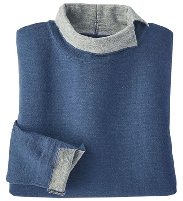 BELLUNA（ベルーナ）の「メリノウール１００％配色プルオーバー（ニット・セーター）」｜アッシュブルー