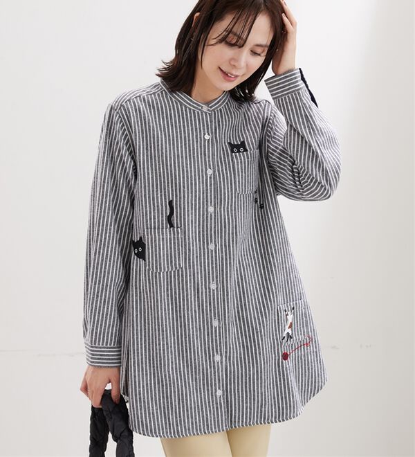 あったか】裏フリース素材ネコ刺しゅうシャツチュニック - ベルーナ