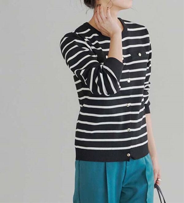 Pierrot（ピエロ）の「上品見えスポンジニットゴールドボタンカーディガン（ニットカーディガン）」｜ブラック&times;オフホワイト