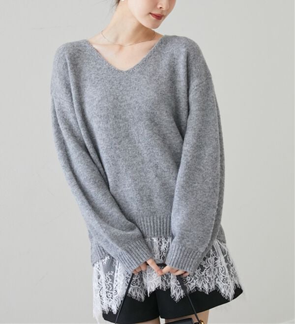 RANAN（ラナン）の「裾レースＶネックニットチュニック（ニット・セーター）」｜杢グレー系
