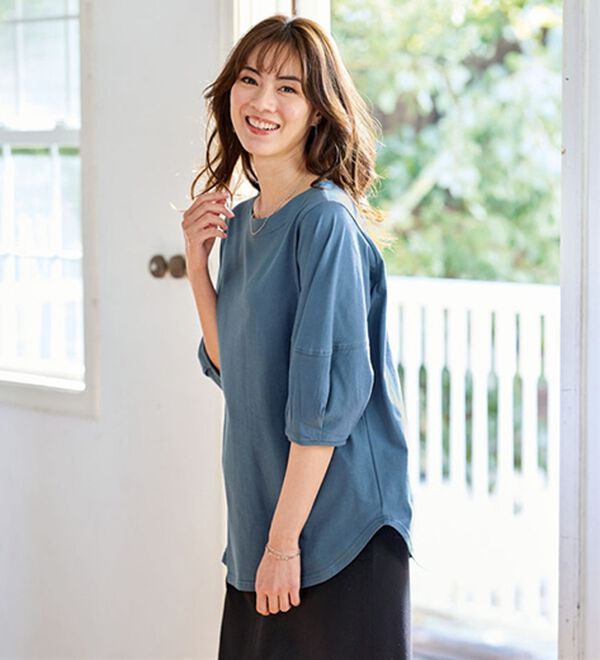 BELLUNA（ベルーナ）の「強撚綿１００％袖デザインプルオーバー（カットソー）」｜ターコイズ