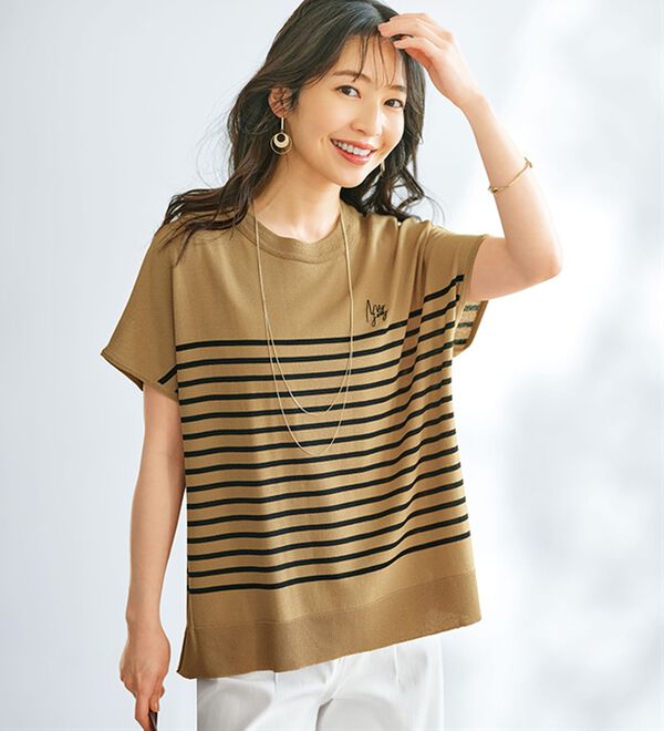 BELLUNA（ベルーナ）の「【快適Ｌａｂ．】シャリ冷！洗える多機能フレンチ袖ニットＴシャツ（ニット・セーター）」｜詳細画像