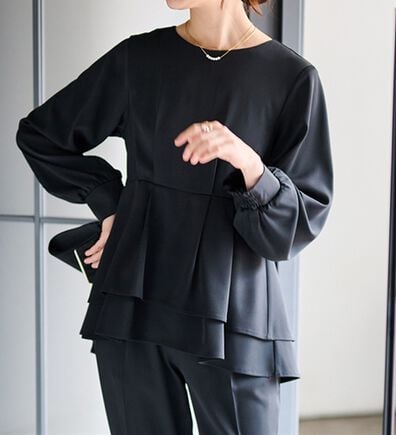 RANAN（ラナン）の「【２点セット】洗える！バックパール調ペプラムチュニックセットアップ（パンツスーツ）」