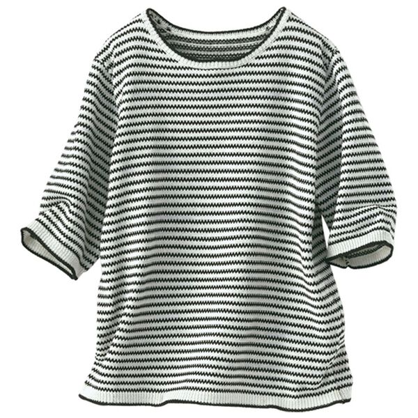 BELLUNA（ベルーナ）の「【小柄さん用】さらりと涼やかボーダーニットプルオーバー（ニット・セーター）」｜詳細画像