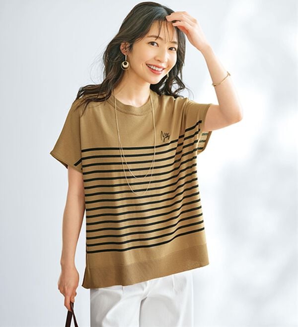 BELLUNA（ベルーナ）の「【快適Ｌａｂ．】シャリ冷！洗える多機能フレンチ袖ニットＴシャツ（ニット・セーター）」｜モカ&times;黒