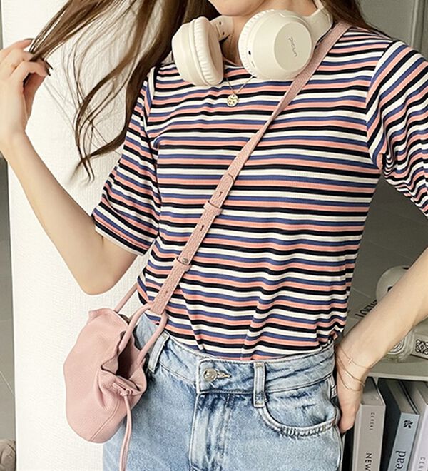 GeeRA（ジーラ）の「マルチボーダー５分袖リブカットソー（カットソー）」｜詳細画像