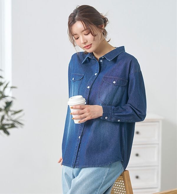 BELLUNA（ベルーナ）の「綿１００％ブラスト加工デニムシャツ（シャツ）」｜詳細画像