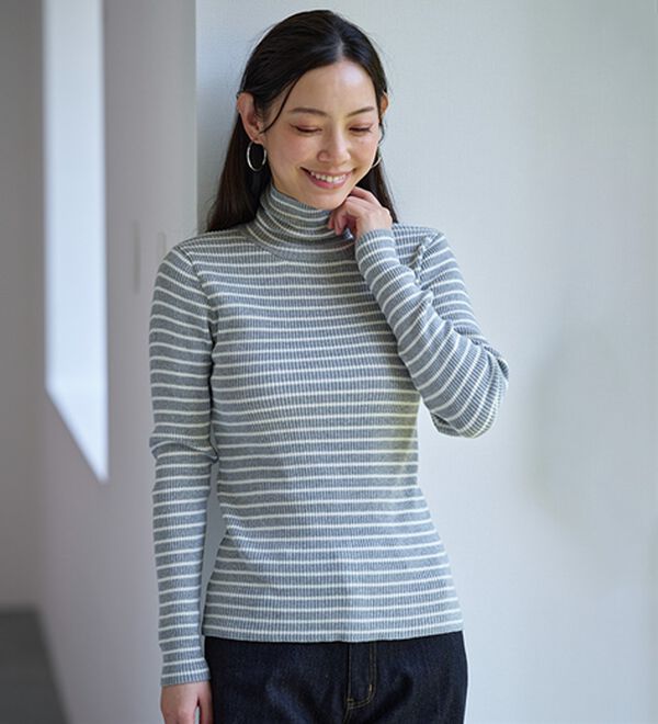 BELLUNA（ベルーナ）の「＜＆ｃｏｃｏｃｈｉ＞ハピネスコットン１００％×吸湿発熱リブタートルニット（ニット・セーター）」｜詳細画像
