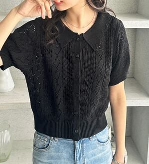 GeeRA（ジーラ）の「透かし編みポロ衿ニット（ニット・セーター）」｜ブラック