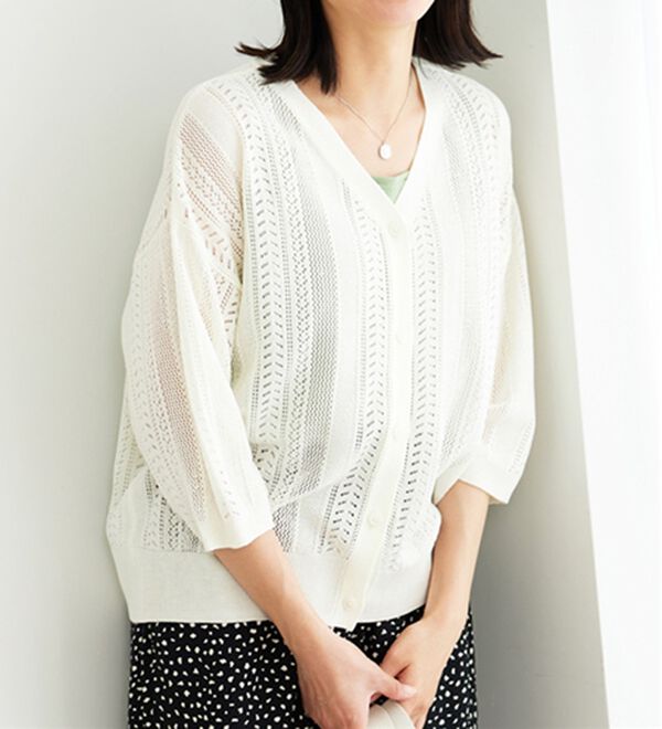BELLUNA（ベルーナ）の「麻タッチ透かし編５分袖ニットカーディガン（ニットカーディガン）」｜詳細画像