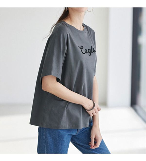 Drawer★ドゥロワー ★フロッキープリントプルオーバー★Tシャツ tシャツ 「81」フロント＆バック ネコイラスト フロッキープリント