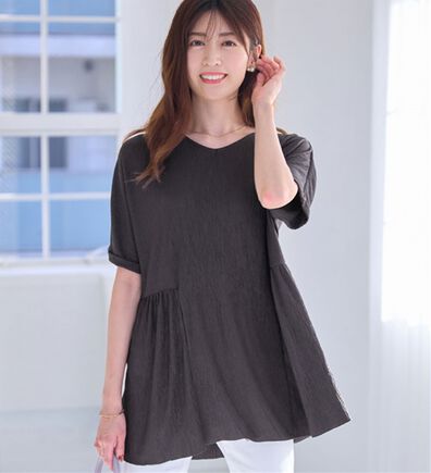 alotta（アロッタ）の「【４つの機能付】さらり軽やか楊柳カットソーギャザーチュニック（チュニック）」