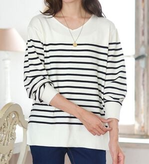 A HAPPY MARILYN（アハッピーマリリン）の「【Ｌ～８Ｌ】Ｒｉｎ フィット感軽減！Ｔシャツ感覚もっちりやわらかＶネックニット（ニット・セーター）」｜パネルボーダー