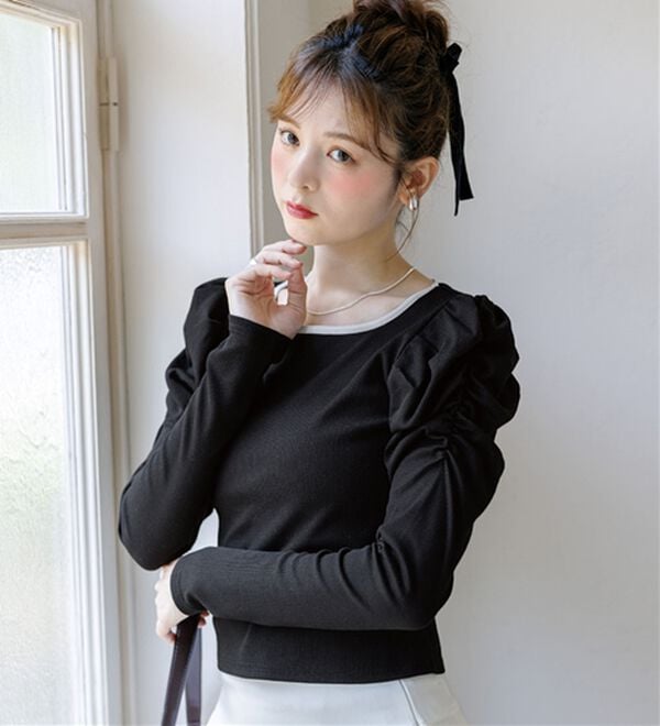 alotta（アロッタ）の「【Corie】配色パワショルリブトップス（カットソー）」｜詳細画像