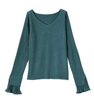 GeeRA（ジーラ）の「プリーツ付Ｖネックリブニットトップス（ニット・セーター）」｜グリーン