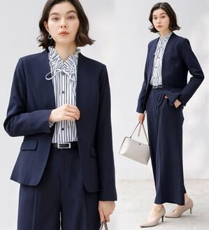 GeeRA（ジーラ）の「【2点セット】選べるボトム！洗えて型くずれしないノーカラージャケットパンツスーツセット（パンツスーツ）」｜ワイドパンツ/ネイビー