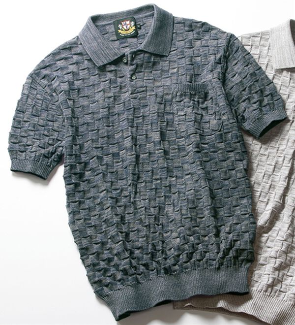 「＜ヘリンボーンクラブ＞日本製市松模様ポロシャツ（メンズポロシャツ）」｜ネイビー