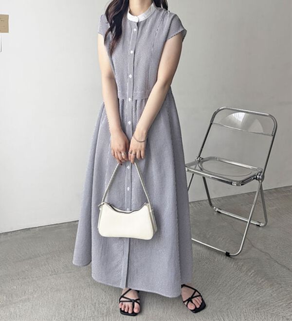 GeeRA（ジーラ）の「クレリック配色ウエストギャザーシャツワンピ―ス（シャツワンピース）」｜詳細画像