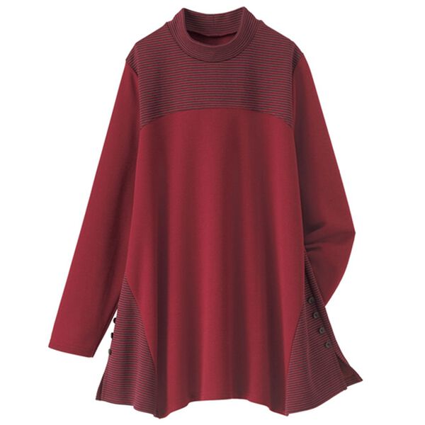 BELLUNA（ベルーナ）の「ボーダー切替ボタンデザインプルオーバー（チュニック）」｜レッド系