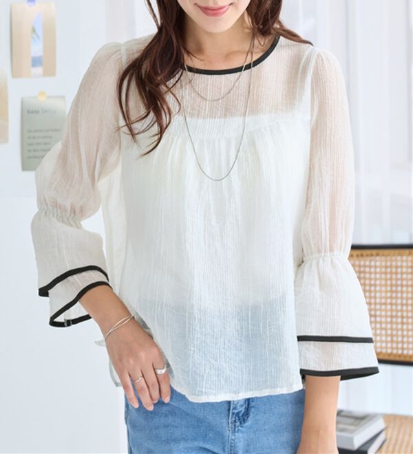 alotta（アロッタ）の「配色楊柳シアーブラウス（ブラウス）」｜オフ