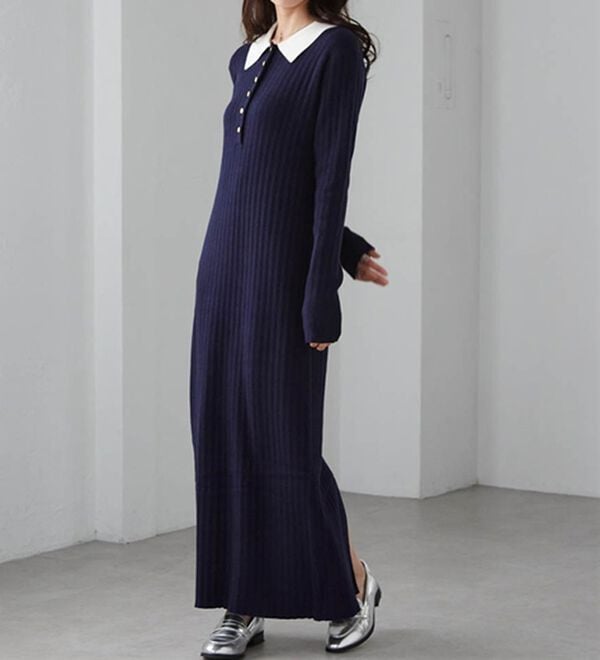 RANAN（ラナン）の「ポロカラーリブニットワンピース（ロングワンピース）」｜詳細画像