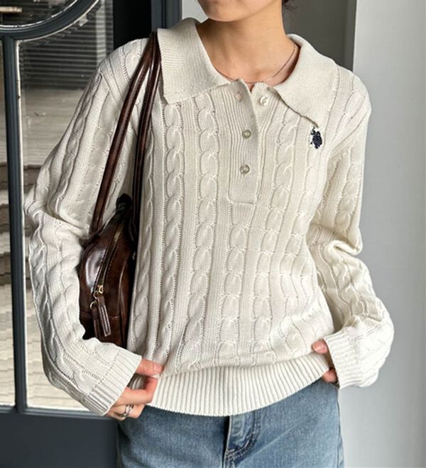 RANAN（ラナン）の「＜U.S.POLO ASSN.＞刺繍長袖ケーブルポロニット（ニット・セーター）」｜詳細画像