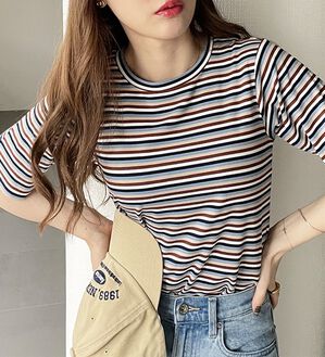 GeeRA（ジーラ）の「マルチボーダー５分袖リブカットソー（カットソー）」｜詳細画像