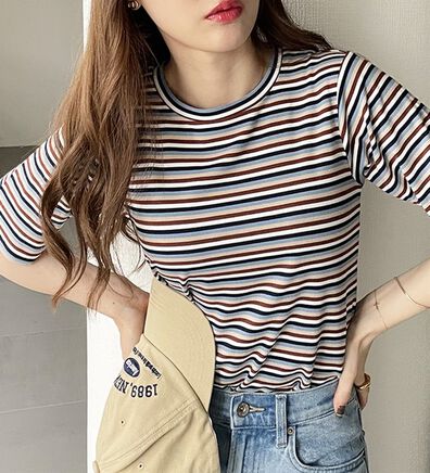 GeeRA（ジーラ）の「マルチボーダー５分袖リブカットソー（カットソー）」