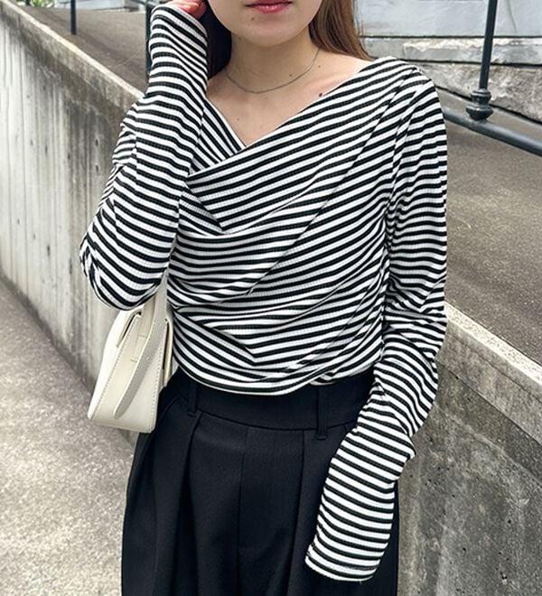 RANAN（ラナン）の「【春色追加】上品ドレープリブロングＴシャツ（カットソー）」｜詳細画像