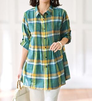 BELLUNA（ベルーナ）の「＜インド製＞綿素材チェック柄チュニック（チュニック）」｜ブルーグリーン系