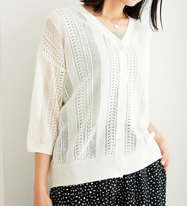 BELLUNA（ベルーナ）の「麻タッチ透かし編５分袖ニットカーディガン（ニットカーディガン）」｜詳細画像