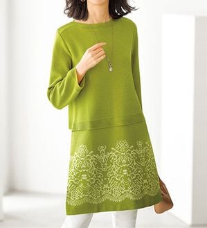 BELLUNA（ベルーナ）の「レース柄ジャカード切替ニットチュニック（チュニック）」｜ライムグリーン系