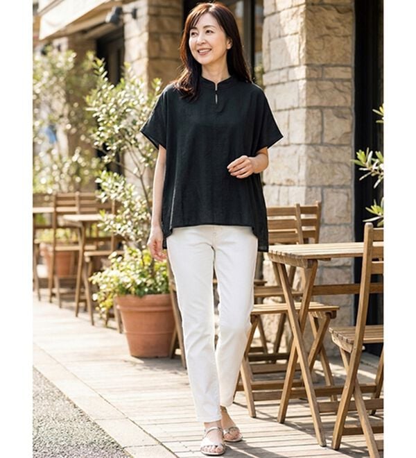 【新品】Plantation 製品染めシワ加工ブラウス ネイビー 2サイズ マジックスリム＞二の腕ほっそり見せブラウス - ベルーナ【公式】