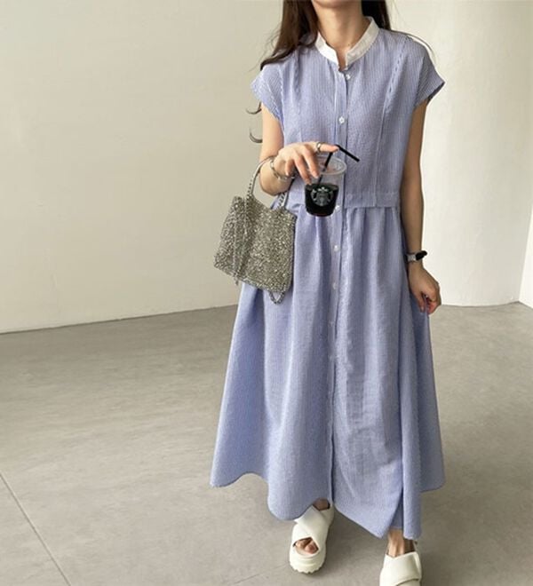 GeeRA（ジーラ）の「クレリック配色ウエストギャザーシャツワンピ―ス（シャツワンピース）」｜詳細画像