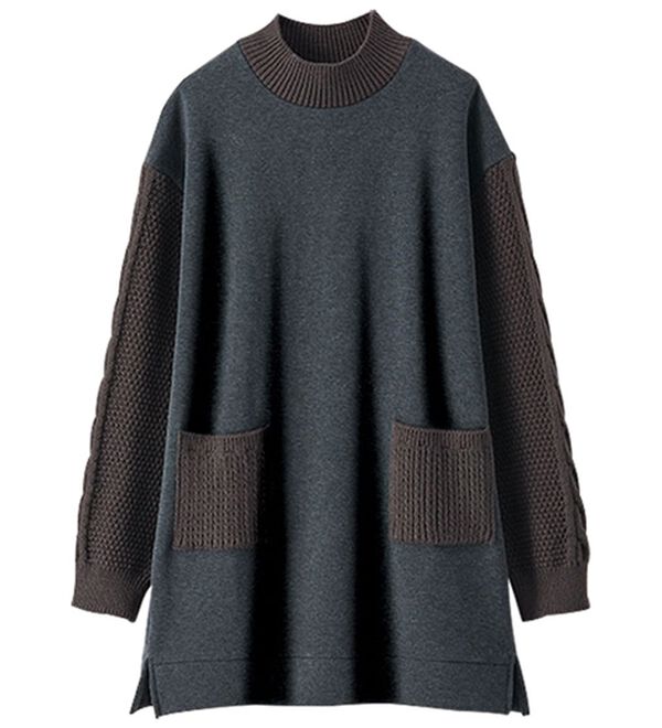 裏起毛素材ケーブルニット切替チュニック - ベルーナ【公式】