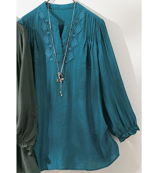 ルフラン（ルフラン）の「レースが可愛いスキッパーブラウス（ブラウス）」｜ブルーグリーン