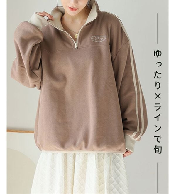A HAPPY MARILYN（アハッピーマリリン）の「【Ｌ～６Ｌ】【ハピぽか裏起毛】ライン使いハーフＺＩＰスウェット 毛玉になりにくい（トレーナー・スウェット）」｜詳細画像
