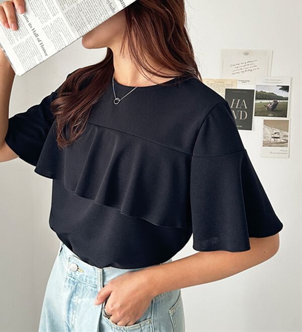 GeeRA（ジーラ）の「ラッフルフリルフレアースリーブＴブラウス（ブラウス）」｜ブラック