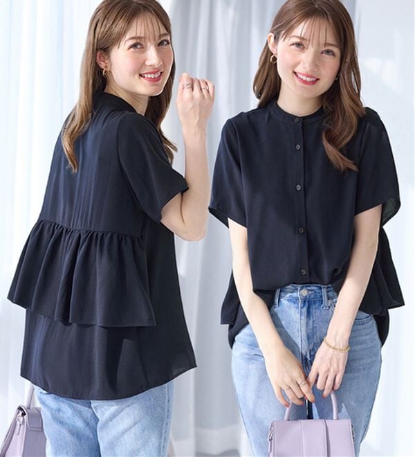 alotta（アロッタ）の「【接触冷感】バンドカラー後ろフリルデザインブラウス（ブラウス）」｜ネイビー