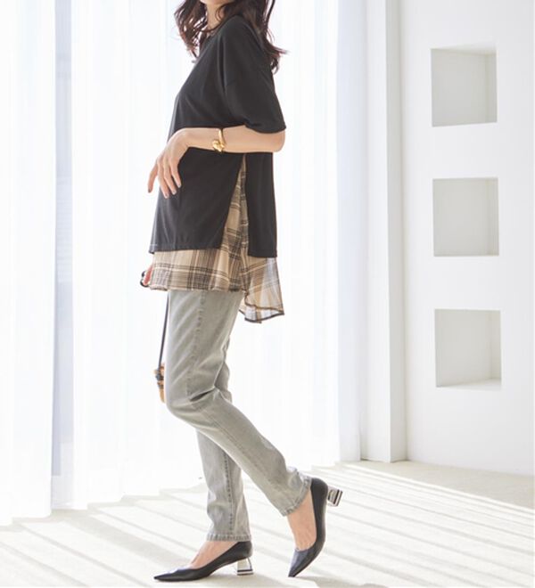 RANAN（ラナン）の「チェック柄異素材使いTシャツ（カットソー）」｜詳細画像