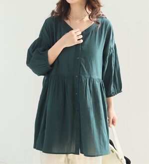 A HAPPY MARILYN（アハッピーマリリン）の「【Ｌ～６Ｌ】【風通るプレミアム】綿・楊柳、七分袖ウエストギャザーブラウス。（ブラウス）」｜フォレストグリーン