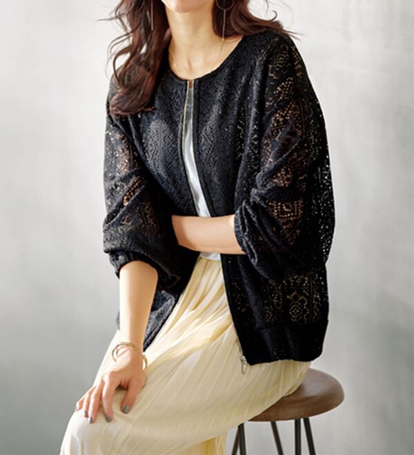 BELLUNA（ベルーナ）の「幾何柄レース素材ノーカラージャケット（ノーカラージャケット）」｜詳細画像