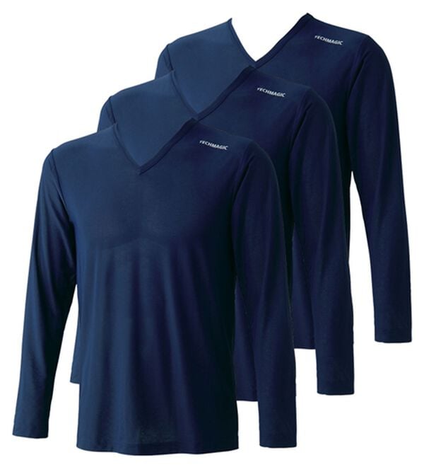 「【３枚組】テックマジック（Ｒ）魔法の冷感インナー３枚組スプレー付（メンズ肌着・インナーウェア）」｜ネイビー 長袖V首