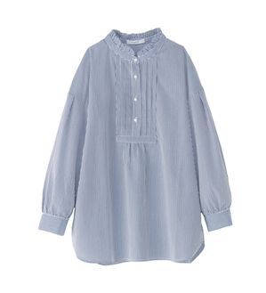 BELLUNA（ベルーナ）の「フリル衿パールボタン使いブラウス（ブラウス）」｜ストライプ