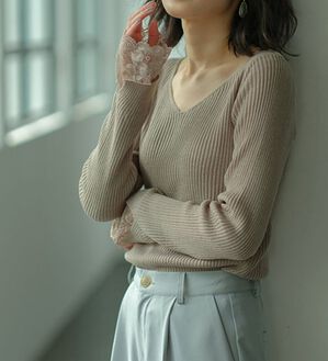 GeeRA（ジーラ）の「レース付Ｖネックリブニットトップス（ニット・セーター）」｜詳細画像